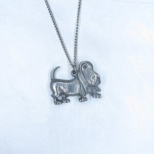 Vintage Pewter Sad Eyed Basset Hound Pendant Necklace